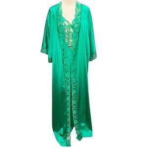 Vintage Lady Romance Nightgown Set Womens 3X Green Satin Lace Trim Feminine